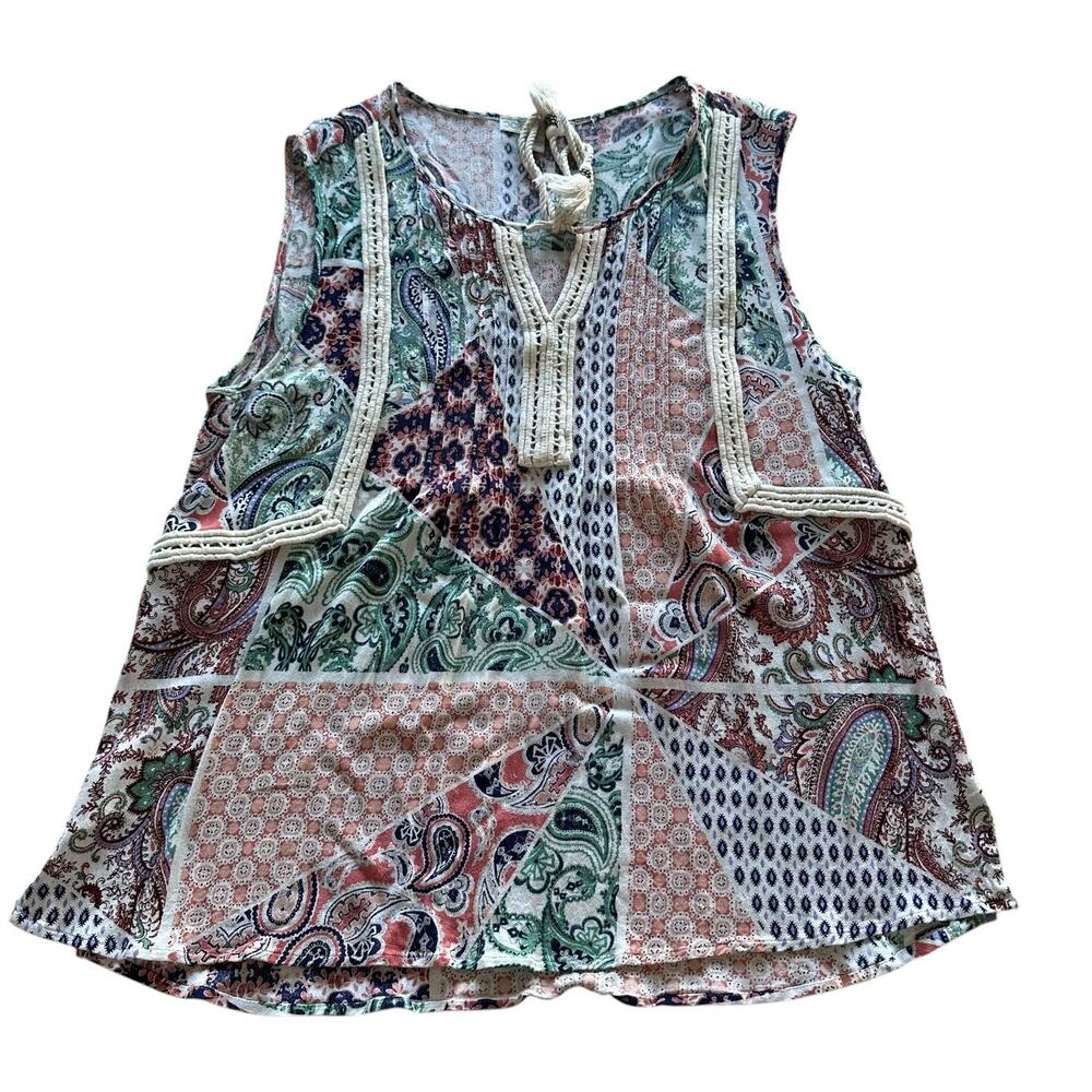 Womens Tank Top Size Large Multicolor Rustic Loose Fit Flowy Patchwork Cottage